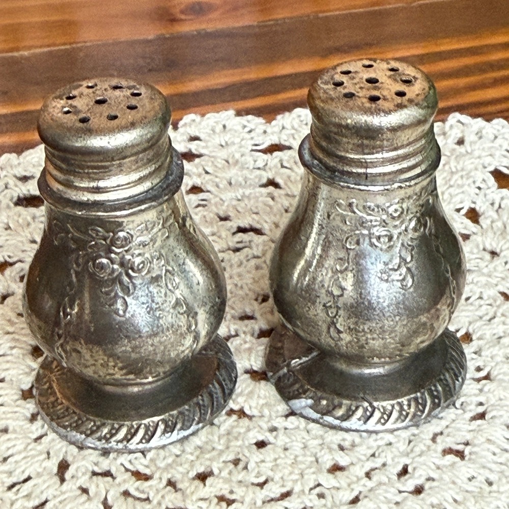 Vintage Salt Pepper Shakers Occupied Japan Silver Good Floral Embossed Metal